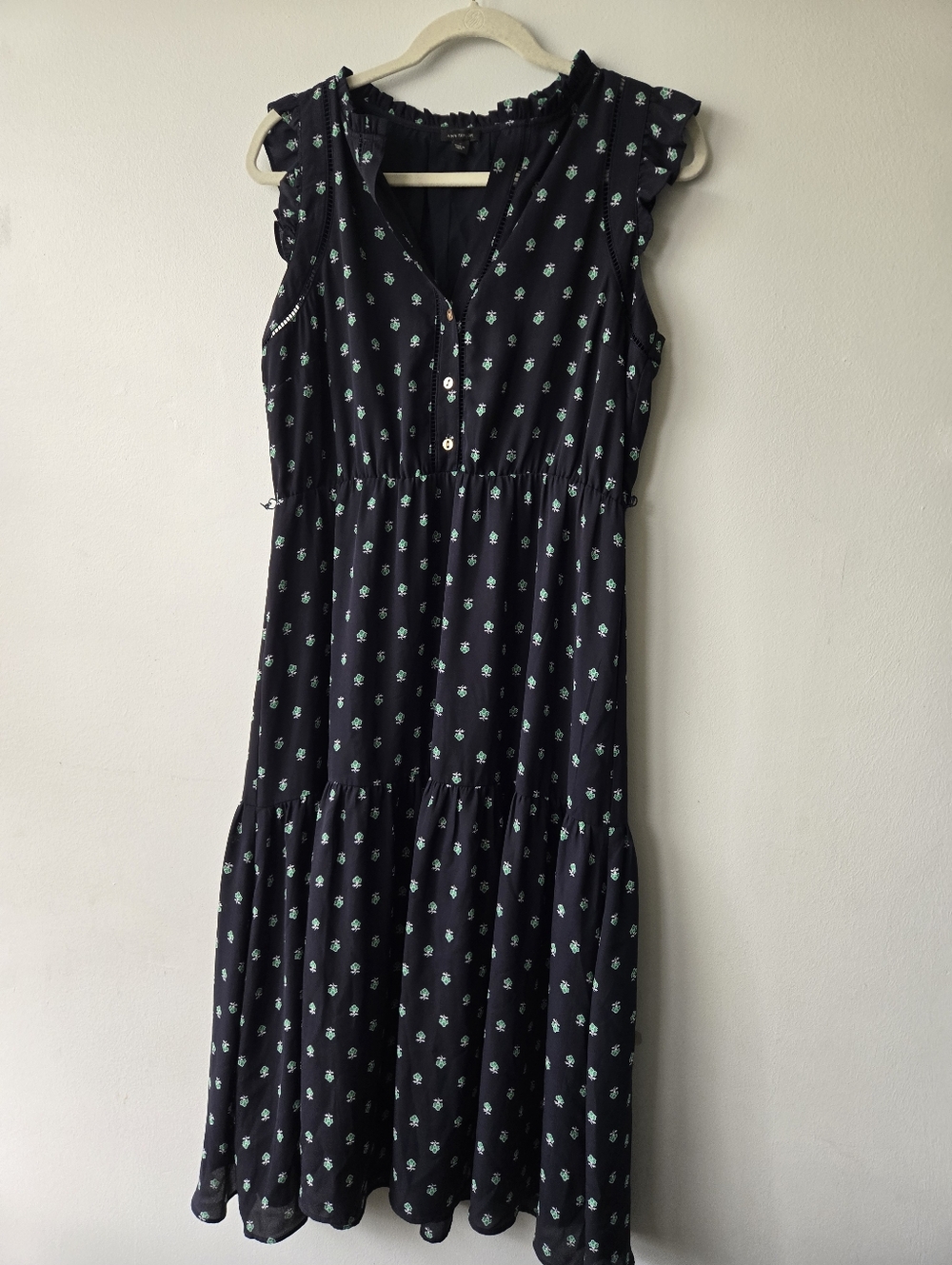 Ann Taylor Navy Dress Green Floral Print Medium